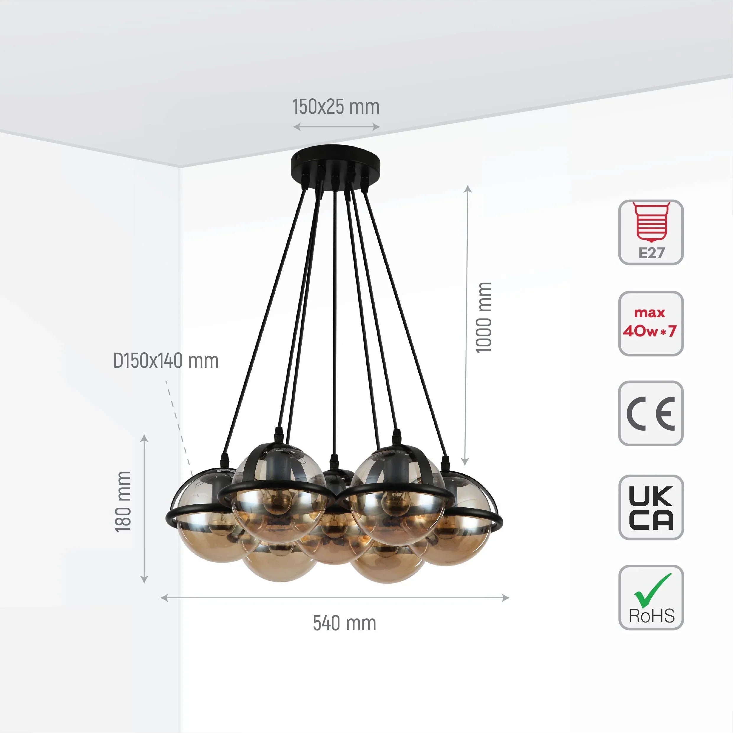 7 Amber Globe Bubble Chandelier Light - E27 Cluster Pendant Dining Living Room