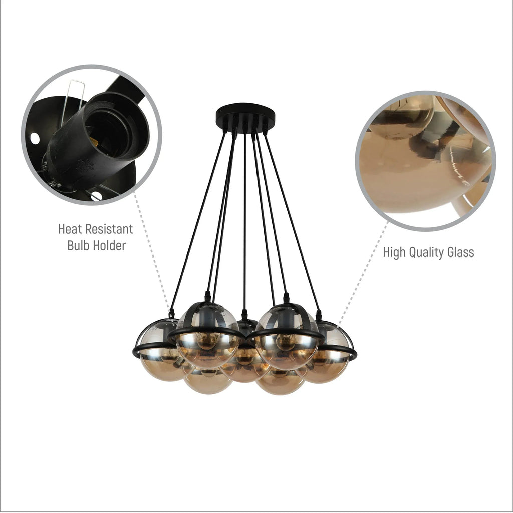 7 Amber Globe Bubble Chandelier Light - E27 Cluster Pendant Dining Living Room