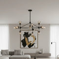 10 Amber Globe Molecule Chandelier - Black Rod Cluster Dining Statement Light