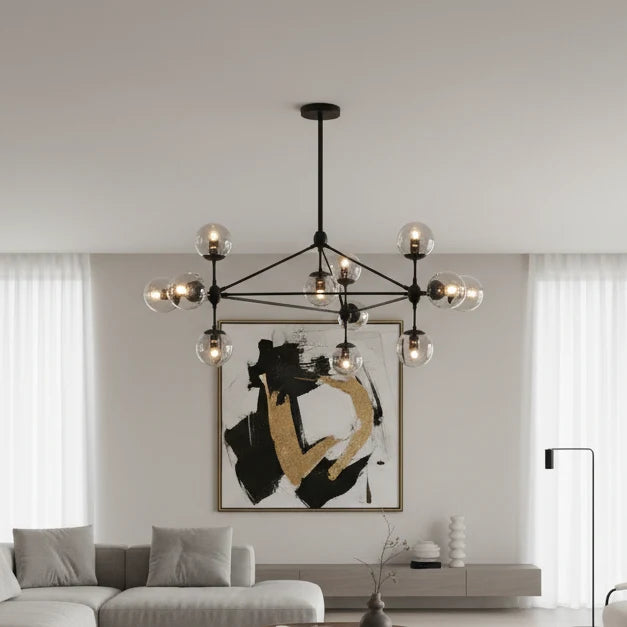 10 Amber Globe Molecule Chandelier - Black Rod Cluster Dining Statement Light