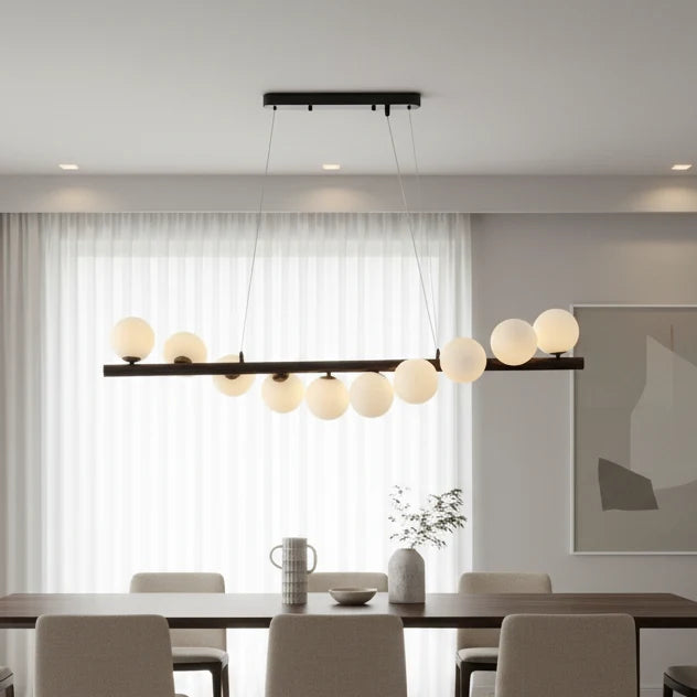 10 Opal Globe Linear Bar Chandelier - Walnut Wood Kitchen Island Pendant