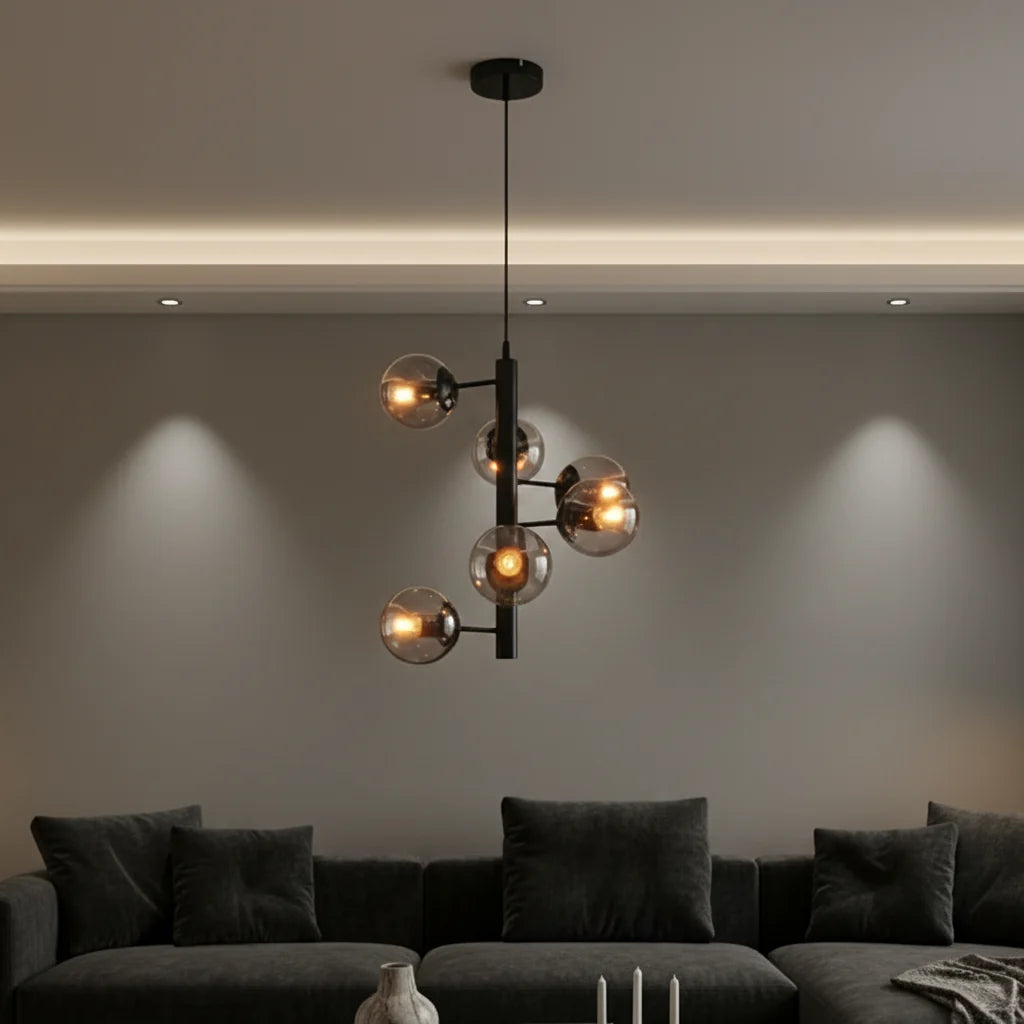 Spiral 6 Globe Sputnik Chandelier - Smoky Glass Black E27 Statement Dining