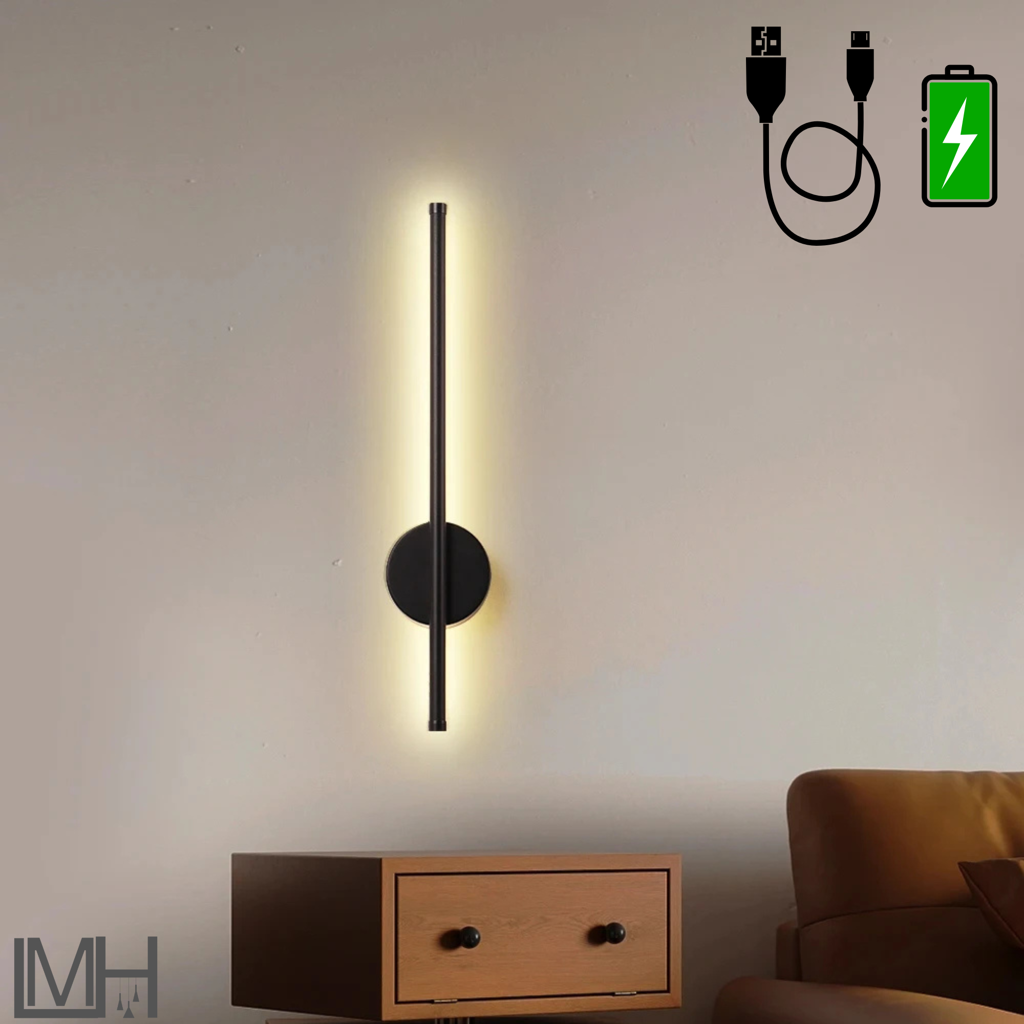Black Rechargeable LED Wall Light Remote Control Dimmable 3 Modes