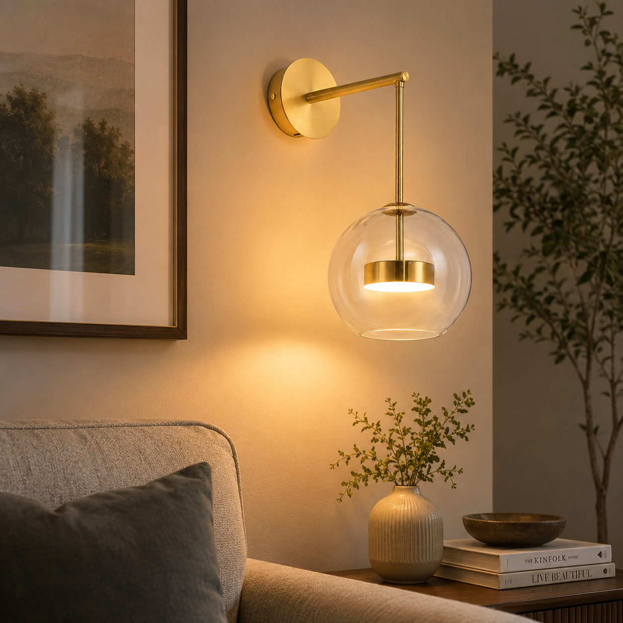 Clear Globe L Arm Wall Light - 12W LED Gold Picture Bedside Reading