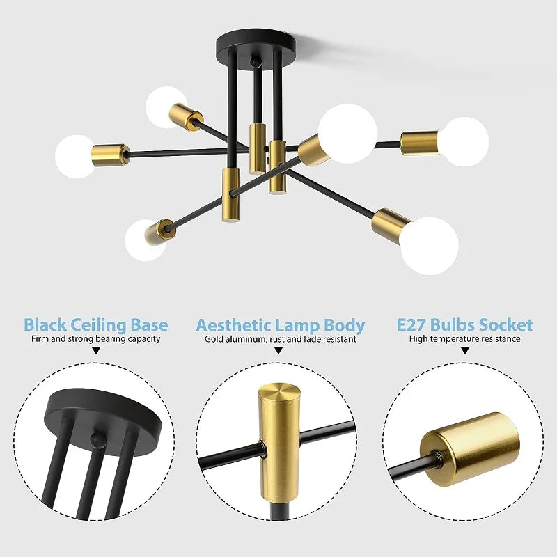 Criss Cross Ceiling Light 6 Bulb E27 Black Semi Flush Modern