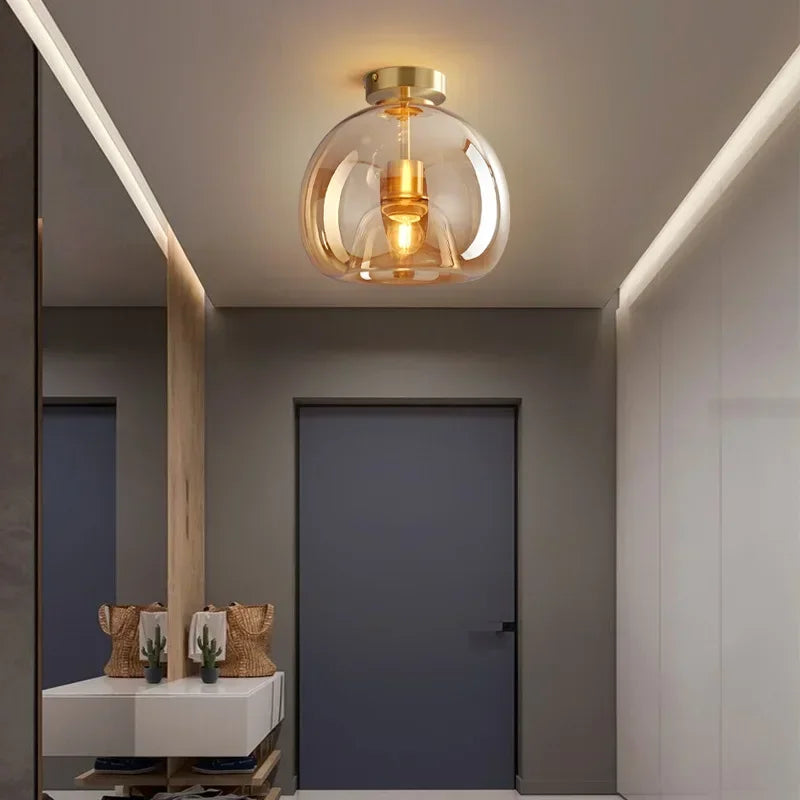 Dome Semi-Flush Glass Ceiling Light E27 Black Gold Bedroom Bathroom