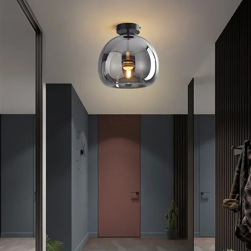 Dome Semi-Flush Glass Ceiling Light E27 Black Gold Bedroom Bathroom