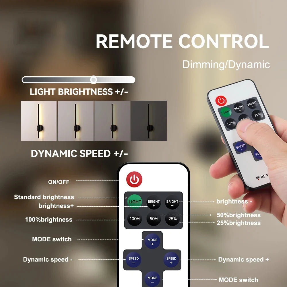 Black Rechargeable LED Wall Light Remote Control Dimmable 3 Modes