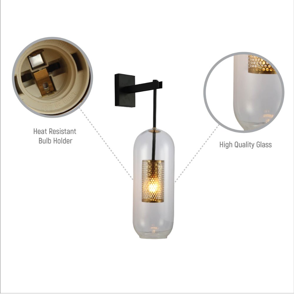 Cylinder Cage Wall Light - Clear Glass Gold Black E27 Vanity Bedside Dimmable Sconce