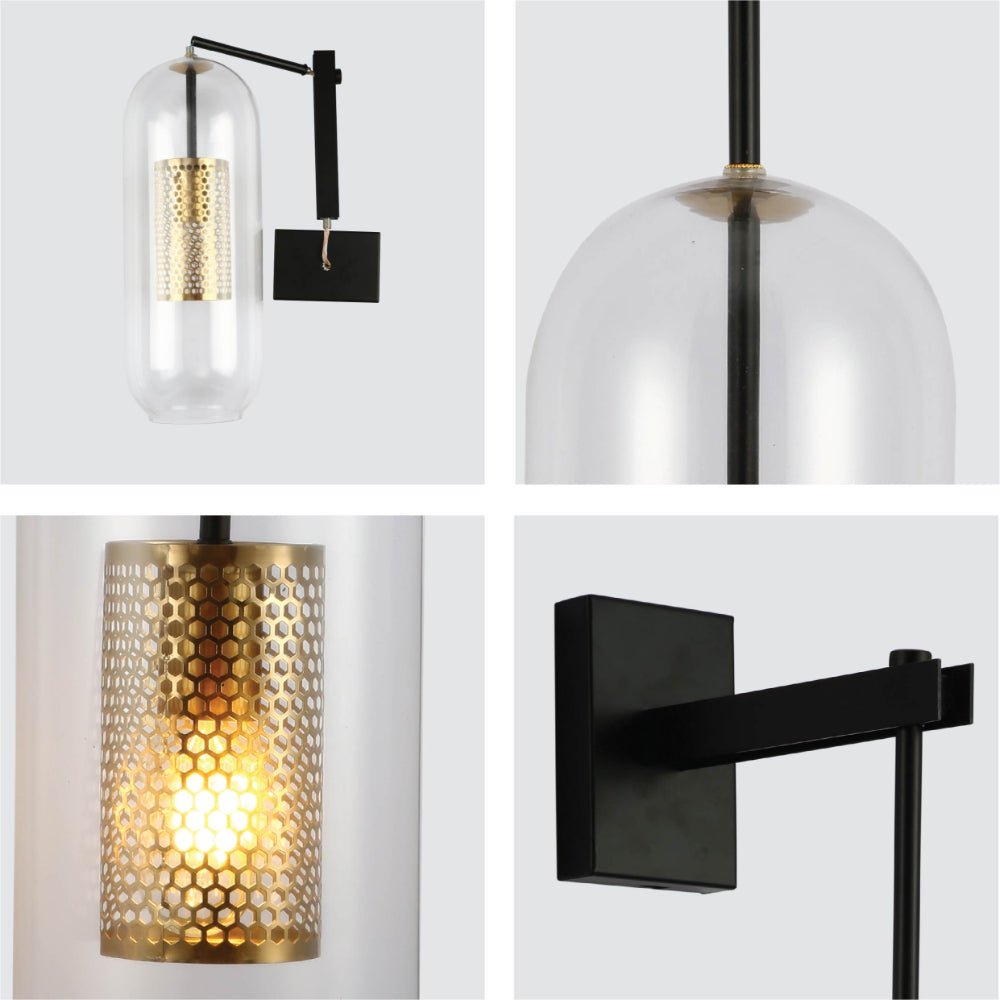 Cylinder Cage Wall Light - Clear Glass Gold Black E27 Vanity Bedside Dimmable Sconce