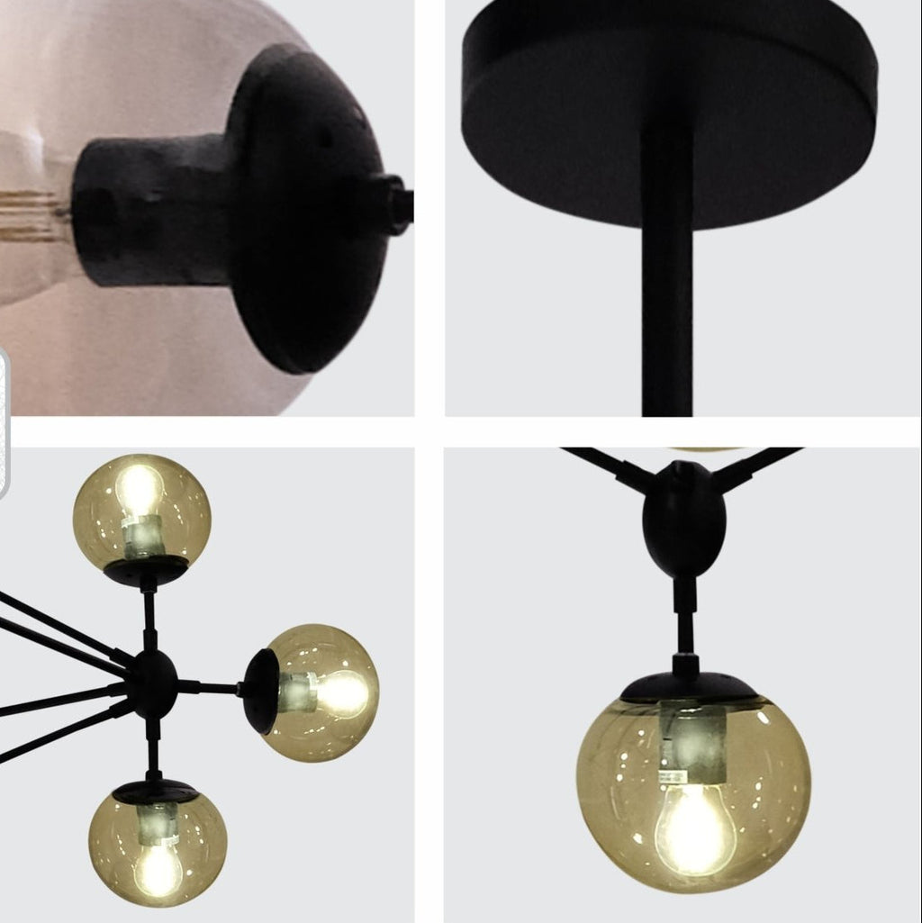 10 Amber Globe Molecule Chandelier - Black Rod Cluster Dining Statement Light