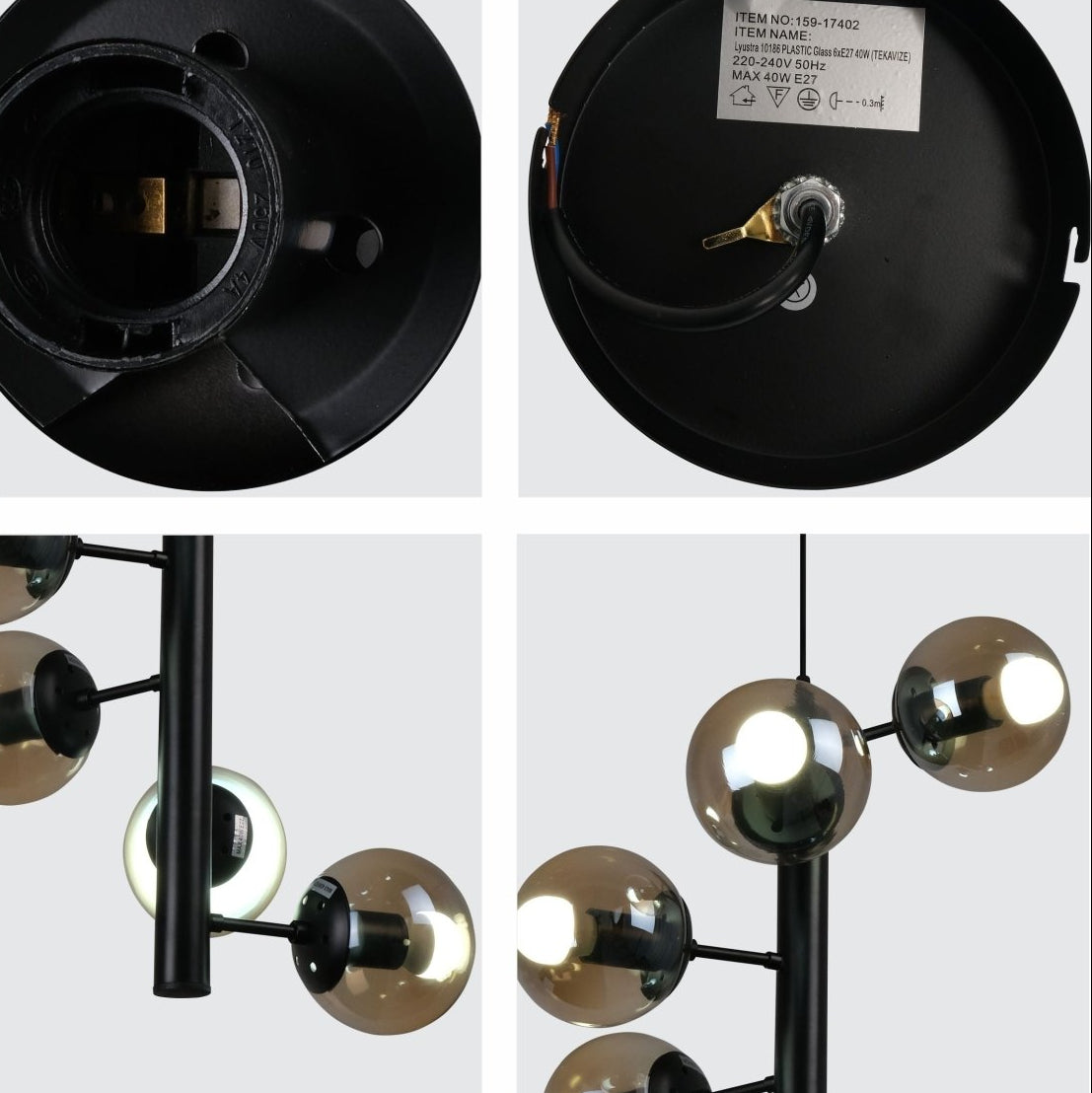 Spiral 6 Globe Sputnik Chandelier - Smoky Glass Black E27 Statement Dining