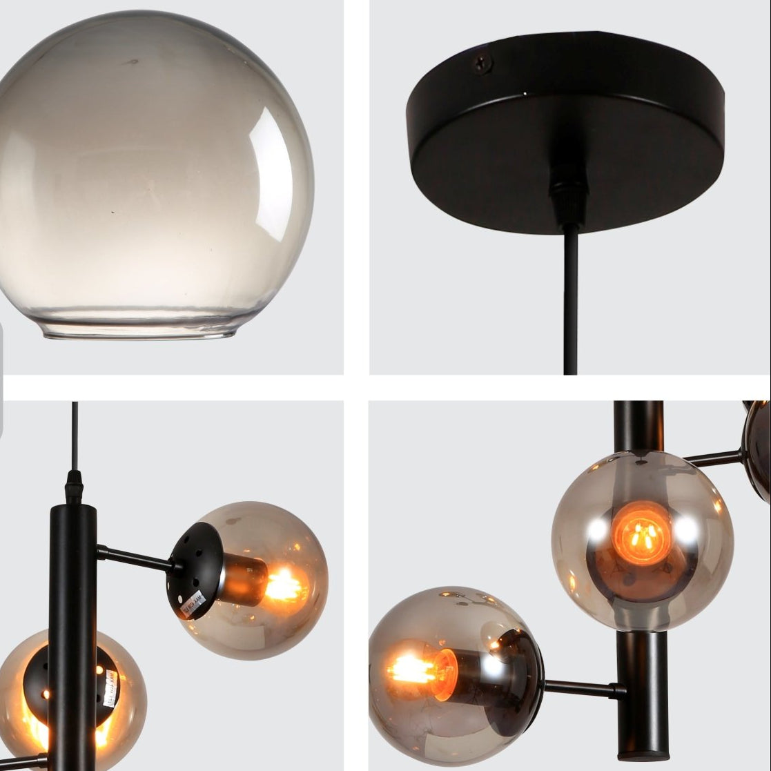 Spiral 6 Globe Sputnik Chandelier - Smoky Glass Black E27 Statement Dining