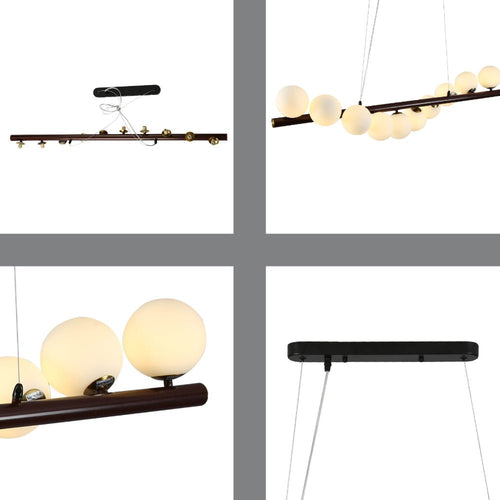 10 Opal Globe Linear Bar Chandelier - Walnut Wood Kitchen Island Pendant