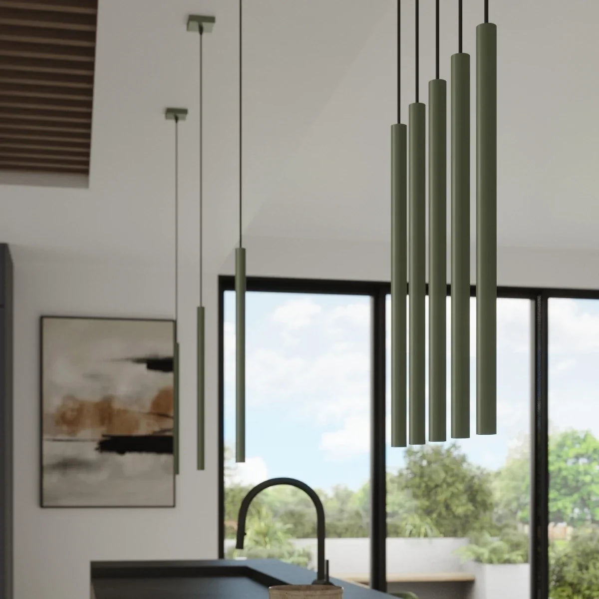 Trip Olive Green Pendant Light - Modern Cylindrical Kitchen Island