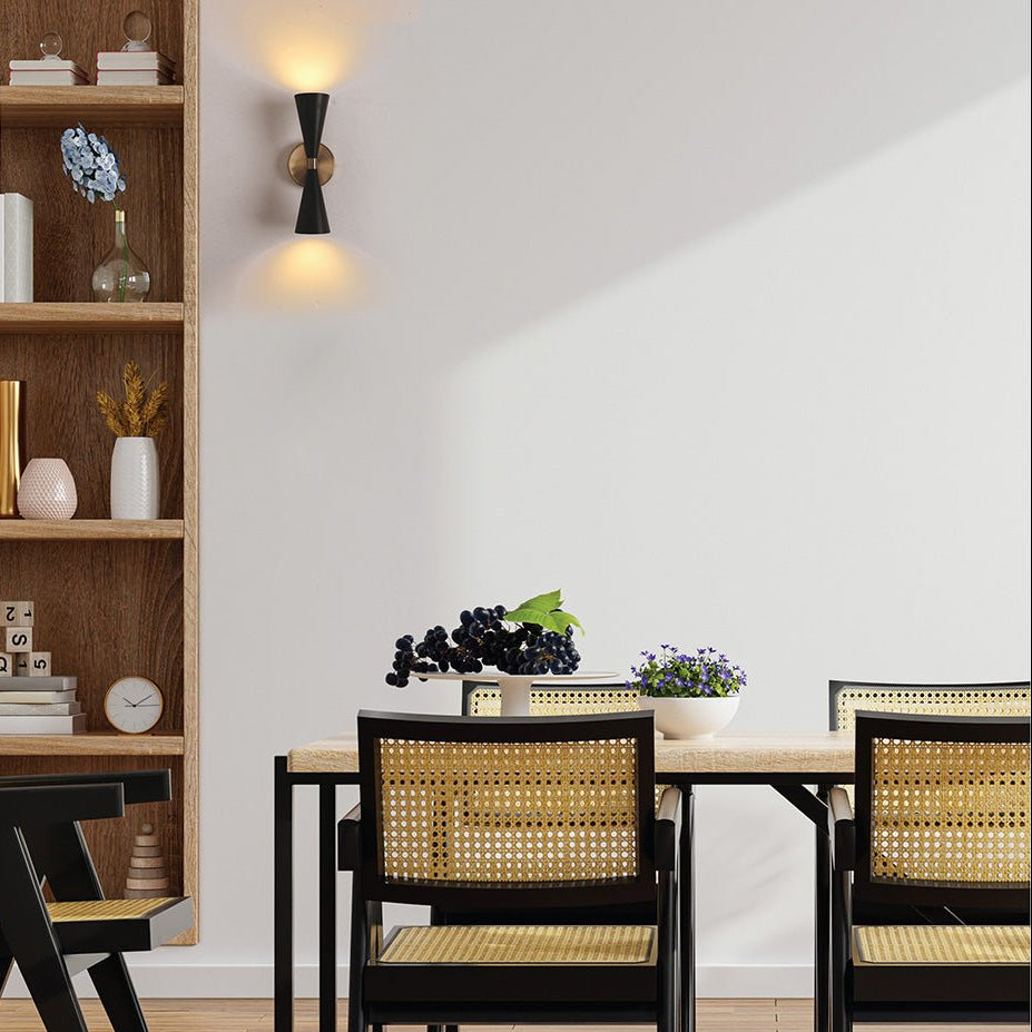 Twin Cone Up Down Wall Light - 2x E27 Gold and Black Bedside Picture Sconce
