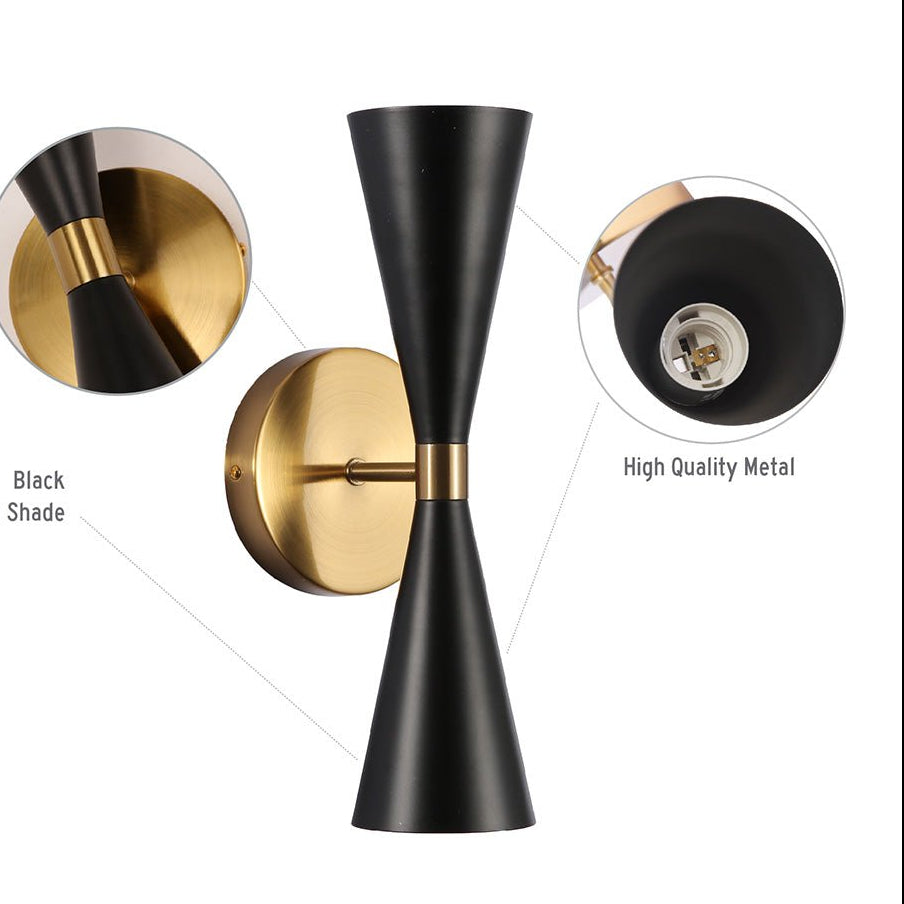 Twin Cone Up Down Wall Light - 2x E27 Gold and Black Bedside Picture Sconce