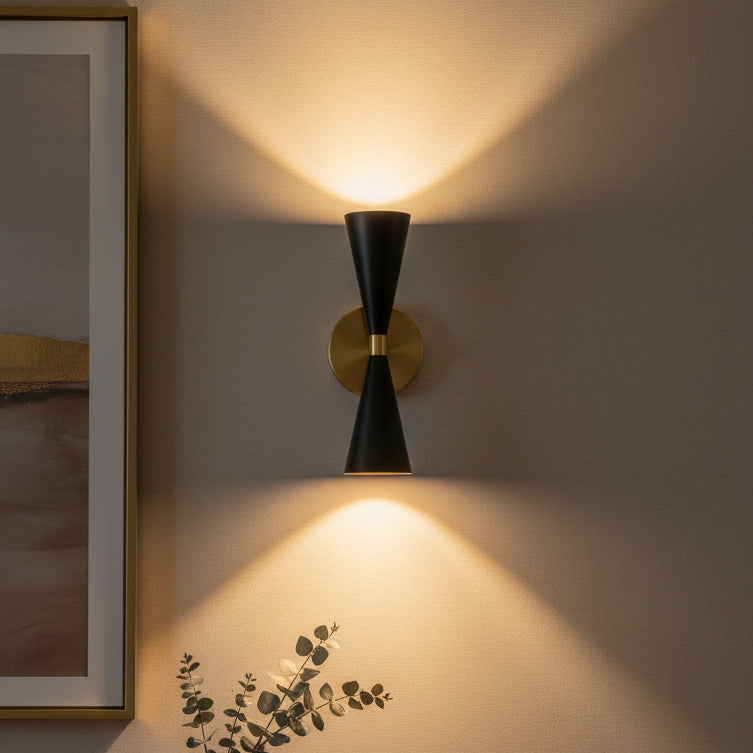 Twin Cone Up Down Wall Light - 2x E27 Gold and Black Bedside Picture Sconce