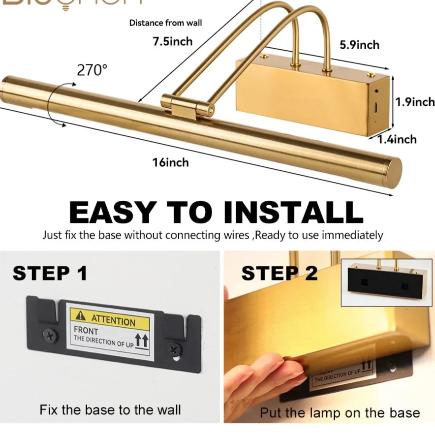 Rechargeable LED Picture Wall Light - Dimmable, Gold/Black, USB