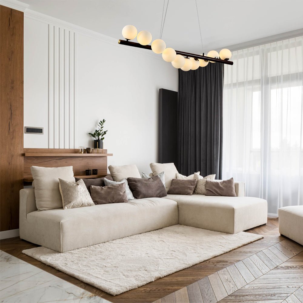 10 Opal Globe Linear Bar Chandelier - Walnut Wood Kitchen Island Pendant