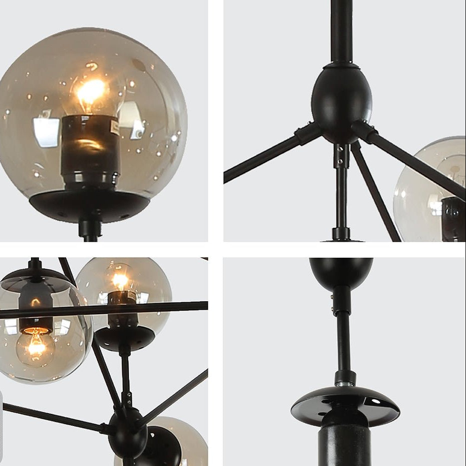 10 Amber Globe Molecule Chandelier - Black Rod Cluster Dining Statement Light
