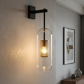 Cylinder Cage Wall Light - Clear Glass Gold Black E27 Vanity Bedside Dimmable Sconce