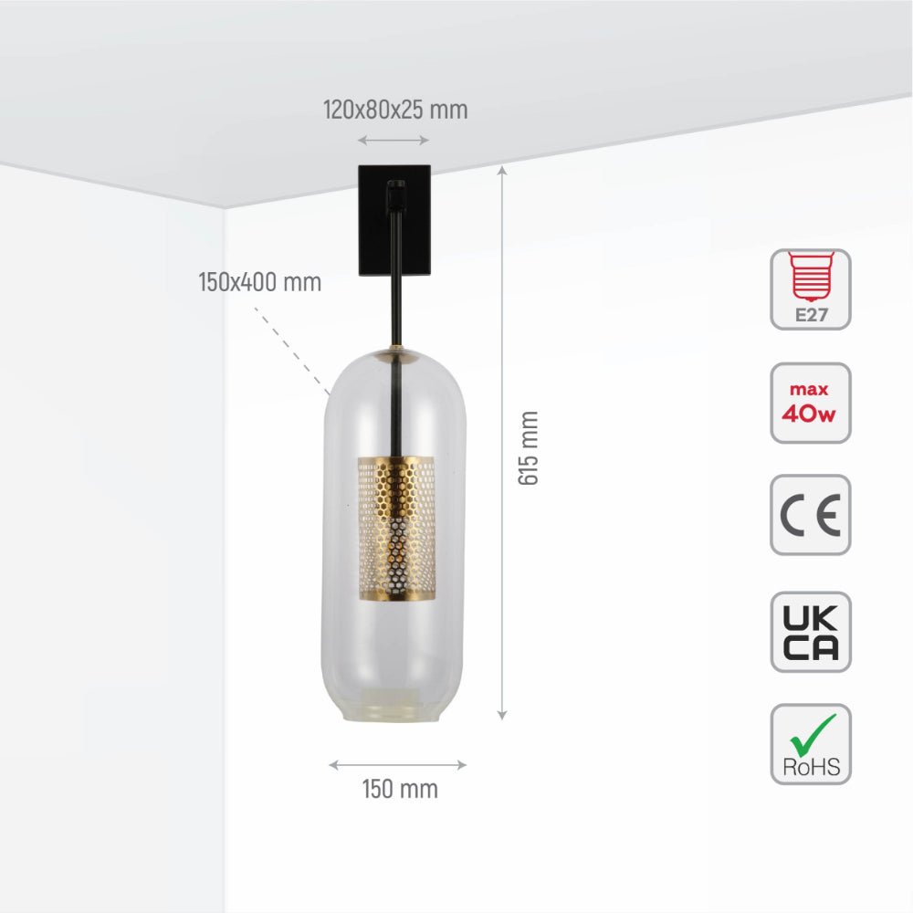Cylinder Cage Wall Light - Clear Glass Gold Black E27 Vanity Bedside Dimmable Sconce