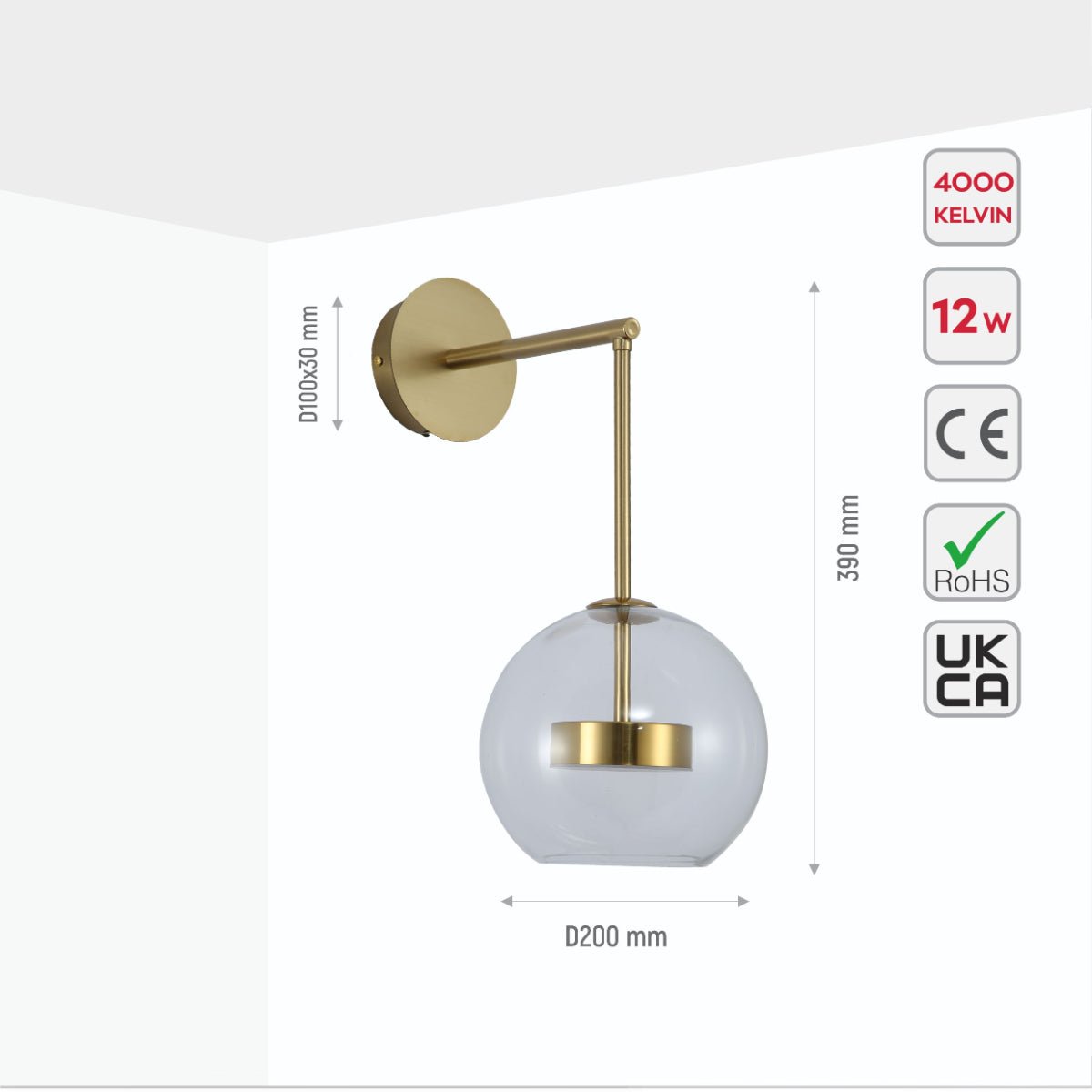 Clear Globe L Arm Wall Light - 12W LED Gold Picture Bedside Reading