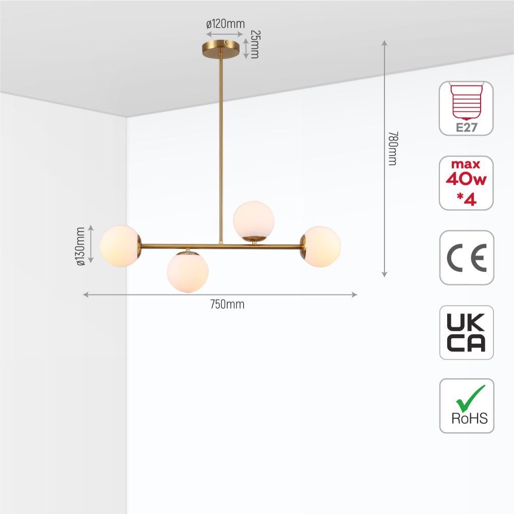 4 Opal Globe Cluster Ceiling Light - Gold E27 Modern Bedroom Dining Pendant