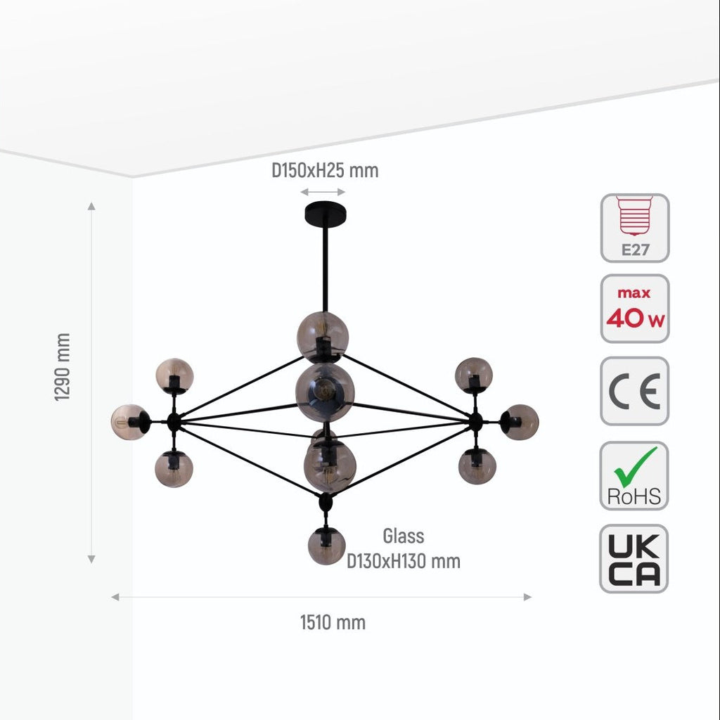 10 Amber Globe Molecule Chandelier - Black Rod Cluster Dining Statement Light