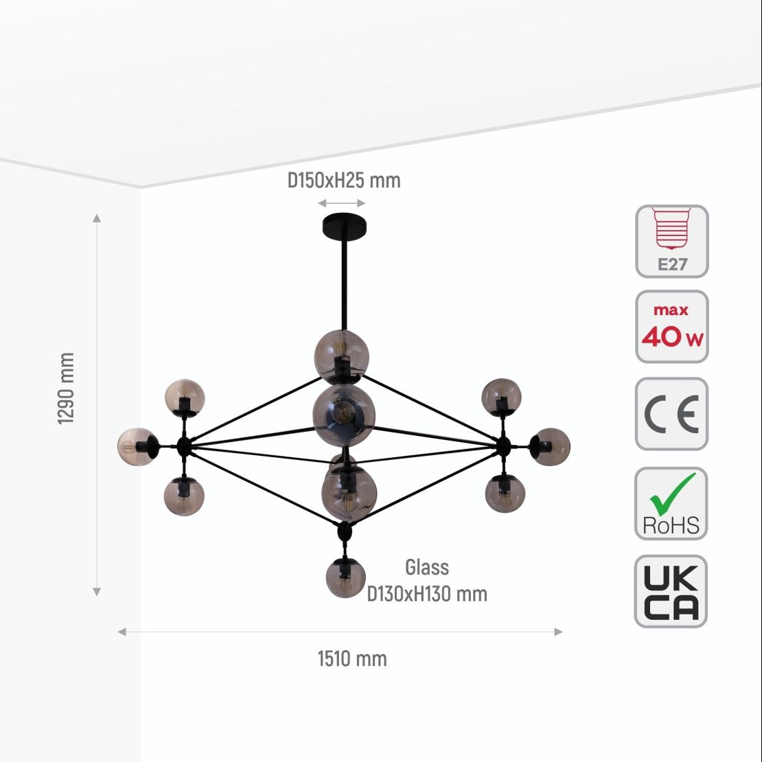10 Amber Globe Molecule Chandelier - Black Rod Cluster Dining Statement Light