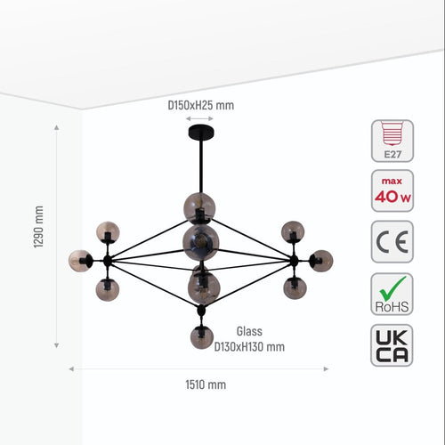 10 Amber Globe Molecule Chandelier - Black Rod Cluster Dining Statement Light