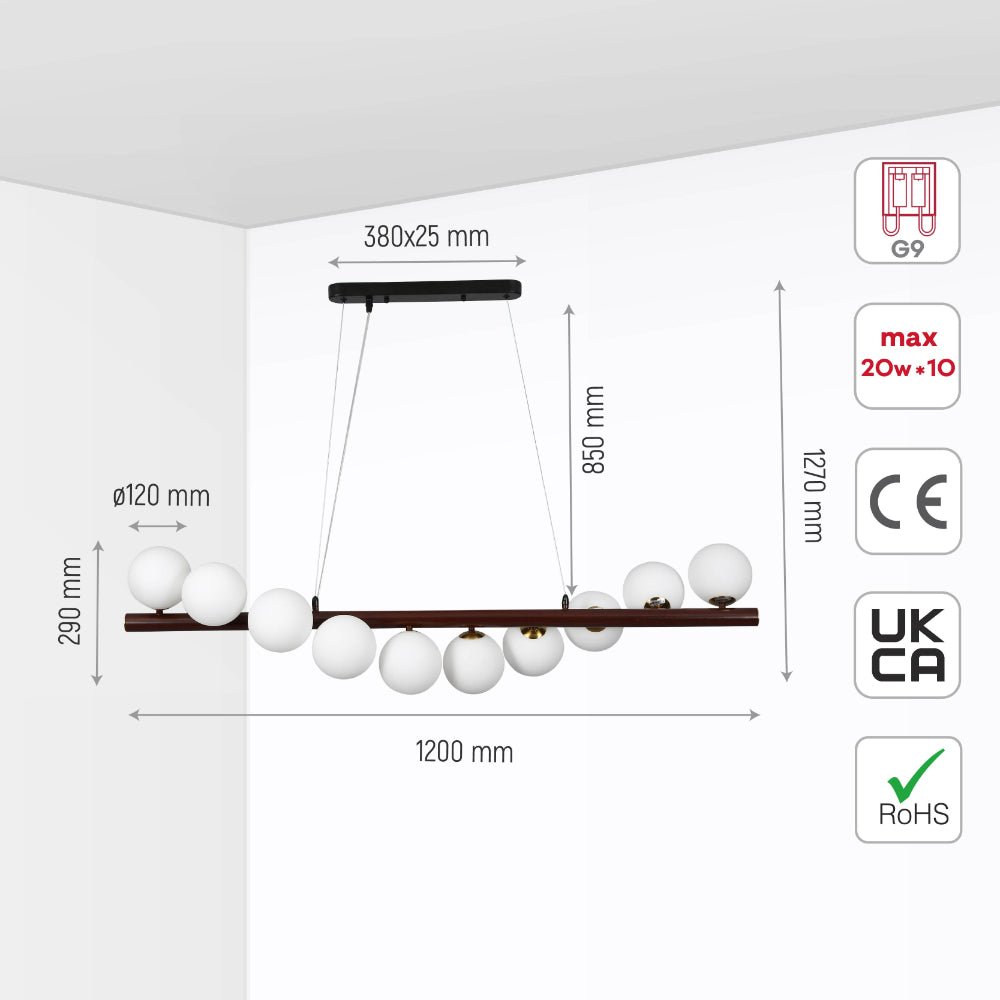 10 Opal Globe Linear Bar Chandelier - Walnut Wood Kitchen Island Pendant