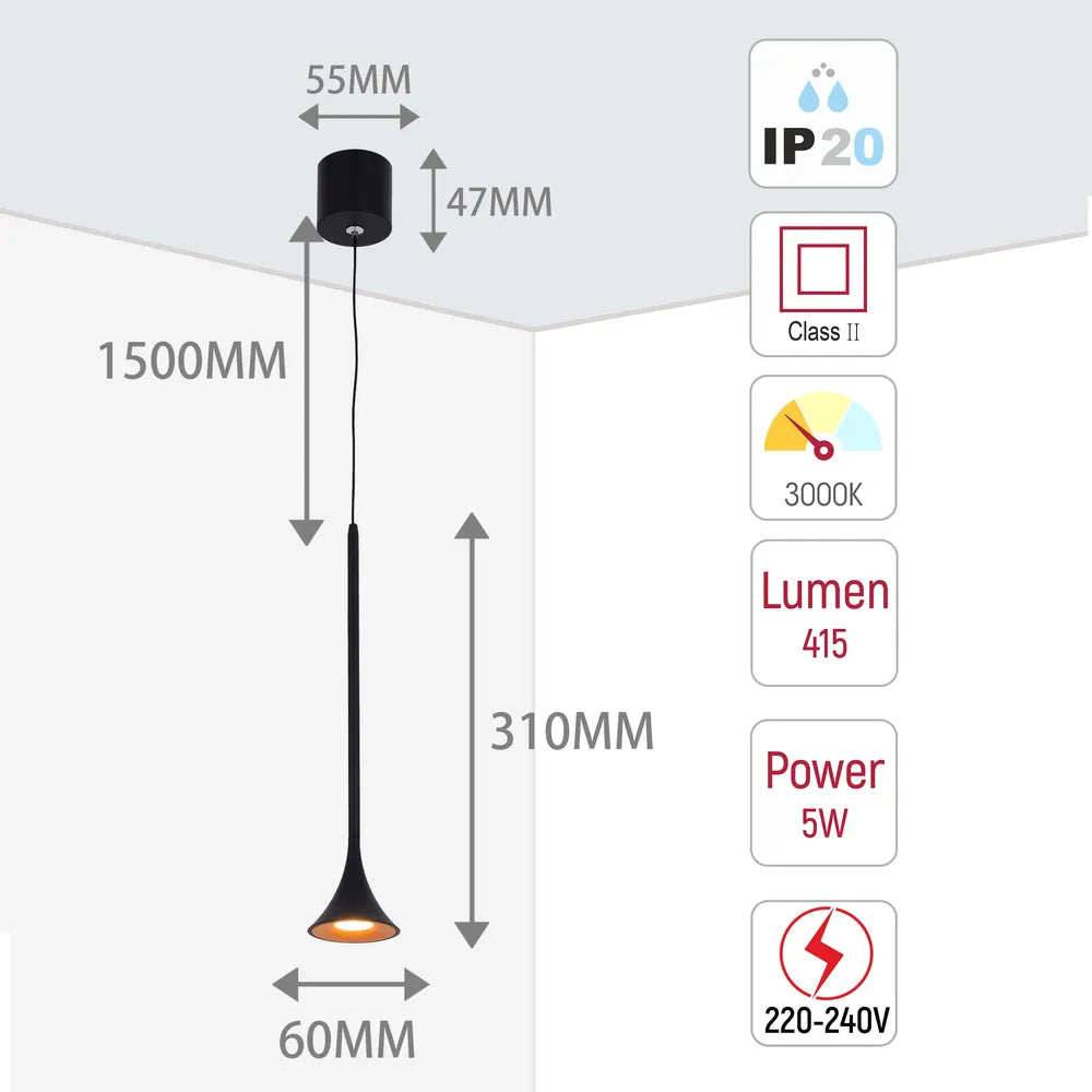 Trumpet Mini Pendant Spotlight - 5W LED Warm Bar Island Light