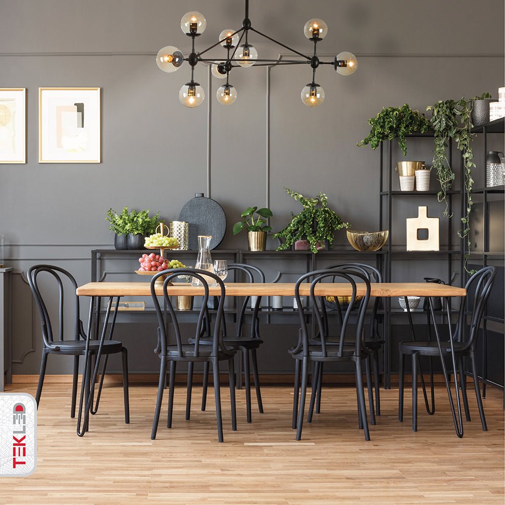 10 Amber Globe Molecule Chandelier - Black Rod Cluster Dining Statement Light