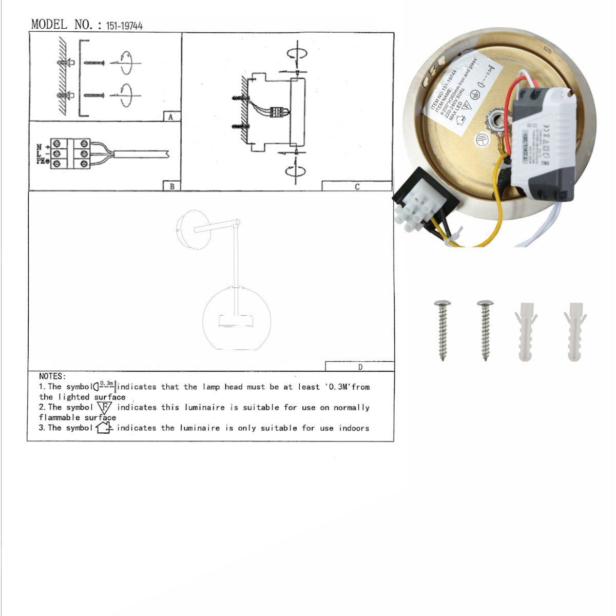 Clear Globe L Arm Wall Light - 12W LED Gold Picture Bedside Reading