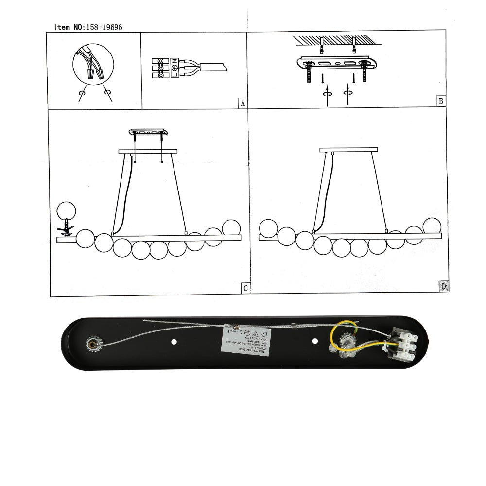 10 Opal Globe Linear Bar Chandelier - Walnut Wood Kitchen Island Pendant